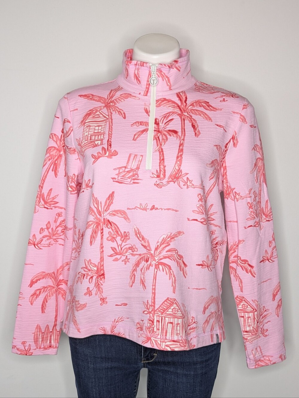 T By Talbots Pink Tropical Palm Tree 1/3 Zip Long Sleeve Cotton Blend Pullover